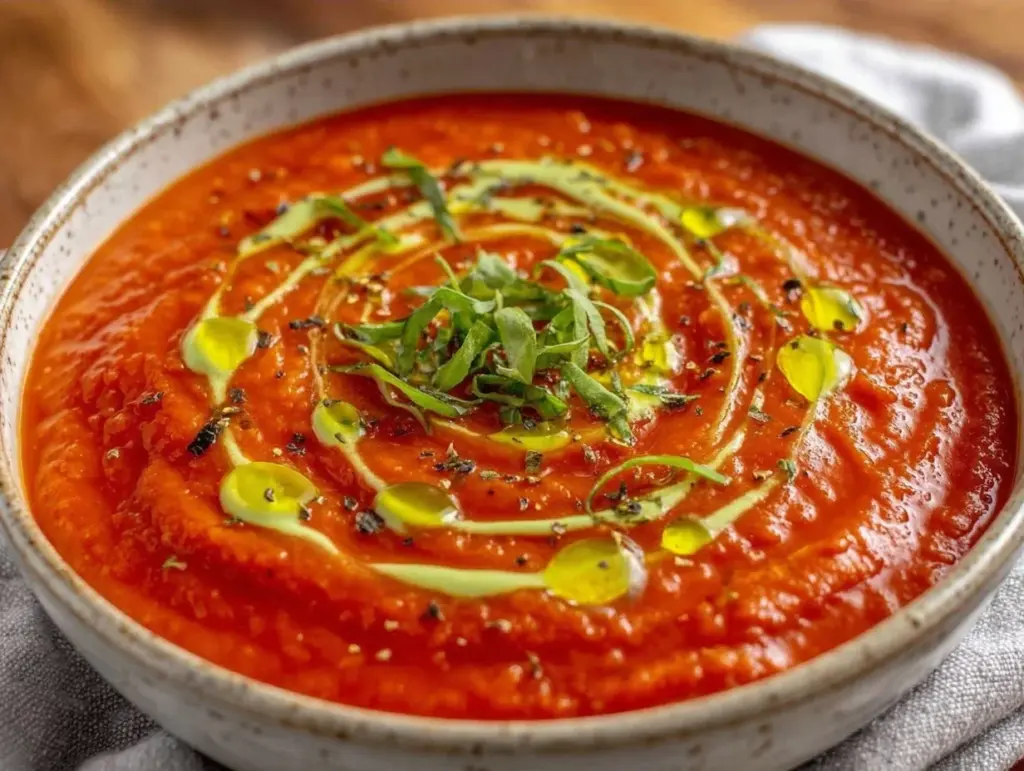 creamy roasted tomato basil soup - featured image