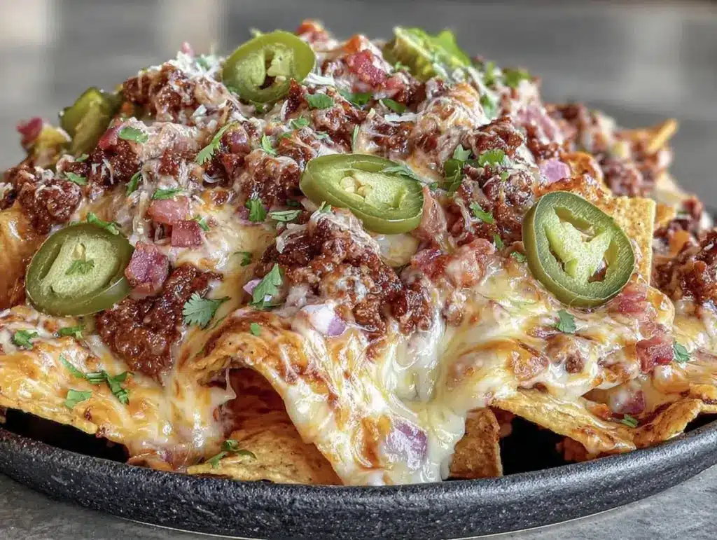 loaded cheesy nachos with ground beef - featured image