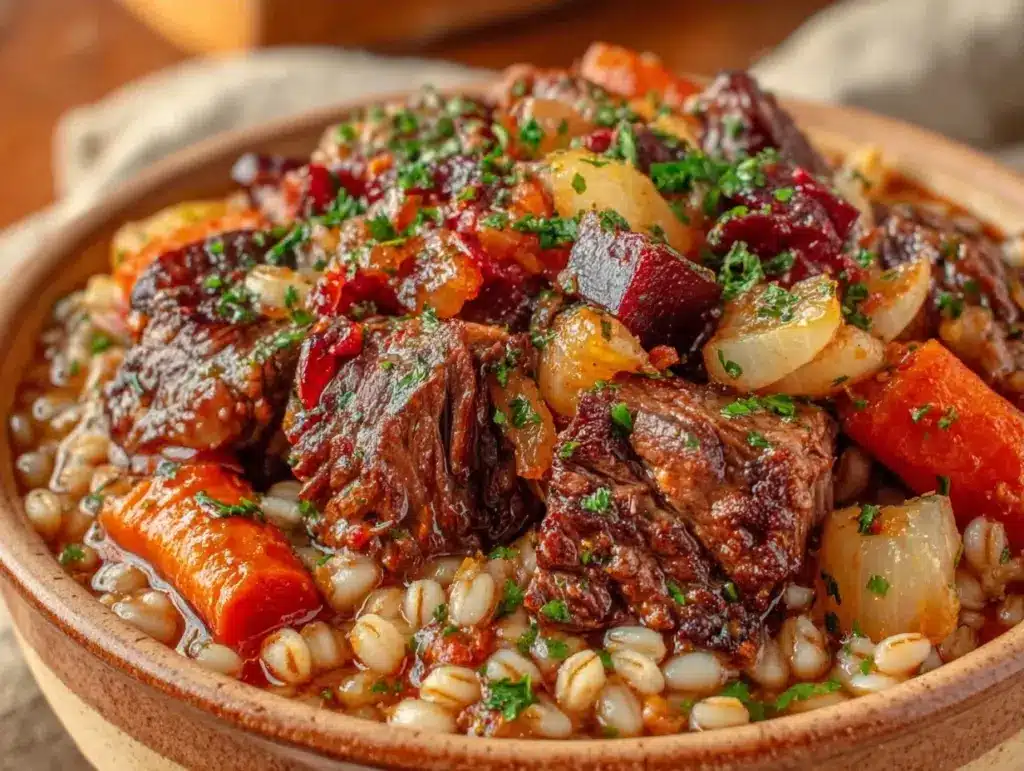 slow cooker beef and barley stew - featured image